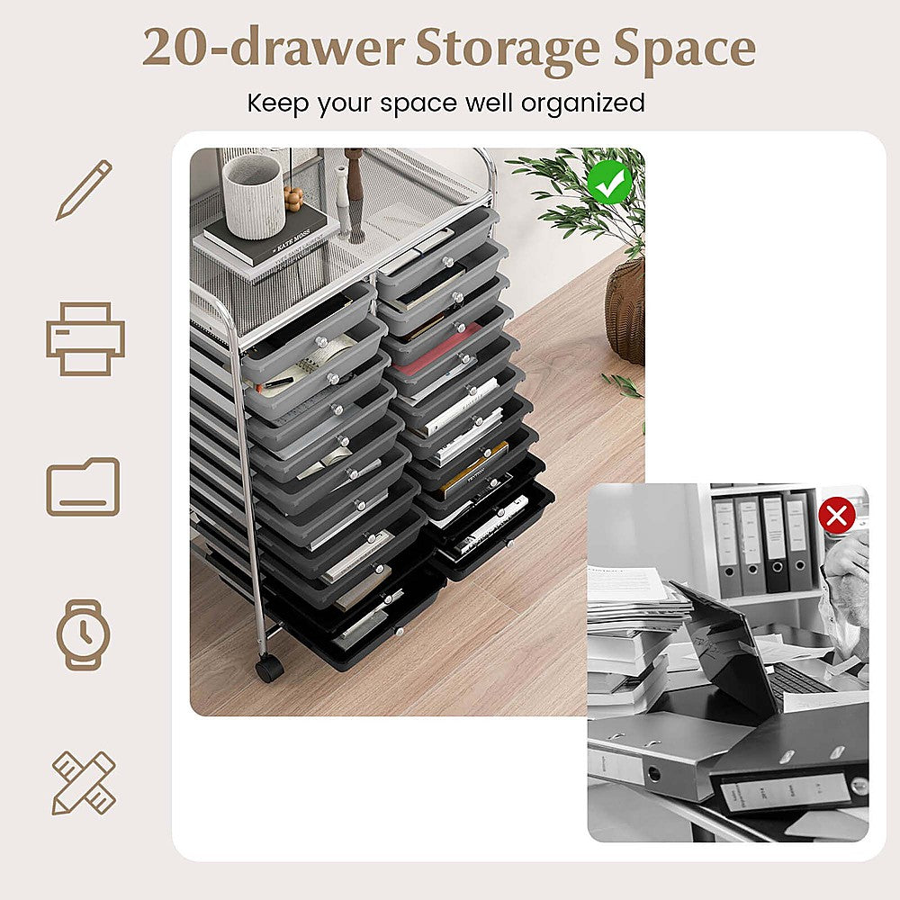 Costway 20 Drawers Rolling Storage Cart Art Craft Organizer on Wheels Multipurpose - Gray_6