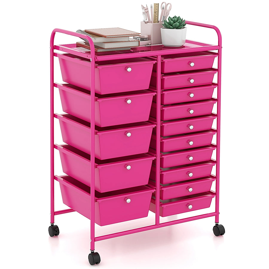 Costway 15-Drawer Rolling Storage Cart Mobile Cart with Colorful Drawers & Metal Frame - Hot Pink_0