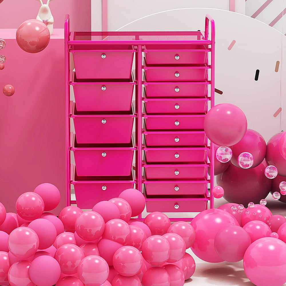 Costway 15-Drawer Rolling Storage Cart Mobile Cart with Colorful Drawers & Metal Frame - Hot Pink_1