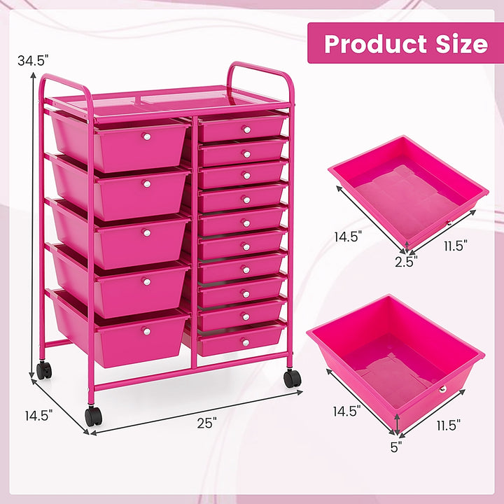 Costway 15-Drawer Rolling Storage Cart Mobile Cart with Colorful Drawers & Metal Frame - Hot Pink_2