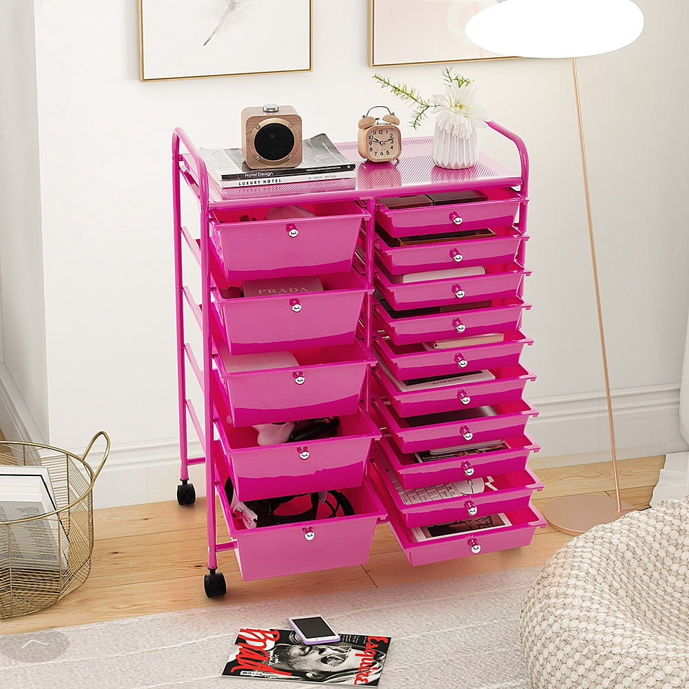 Costway 15-Drawer Rolling Storage Cart Mobile Cart with Colorful Drawers & Metal Frame - Hot Pink_3