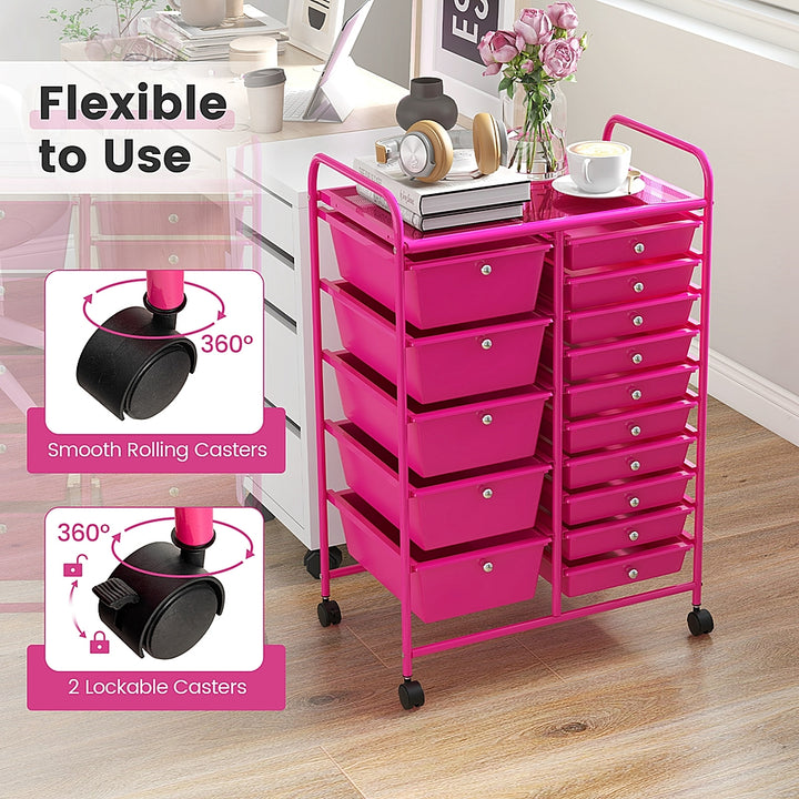 Costway 15-Drawer Rolling Storage Cart Mobile Cart with Colorful Drawers & Metal Frame - Hot Pink_4