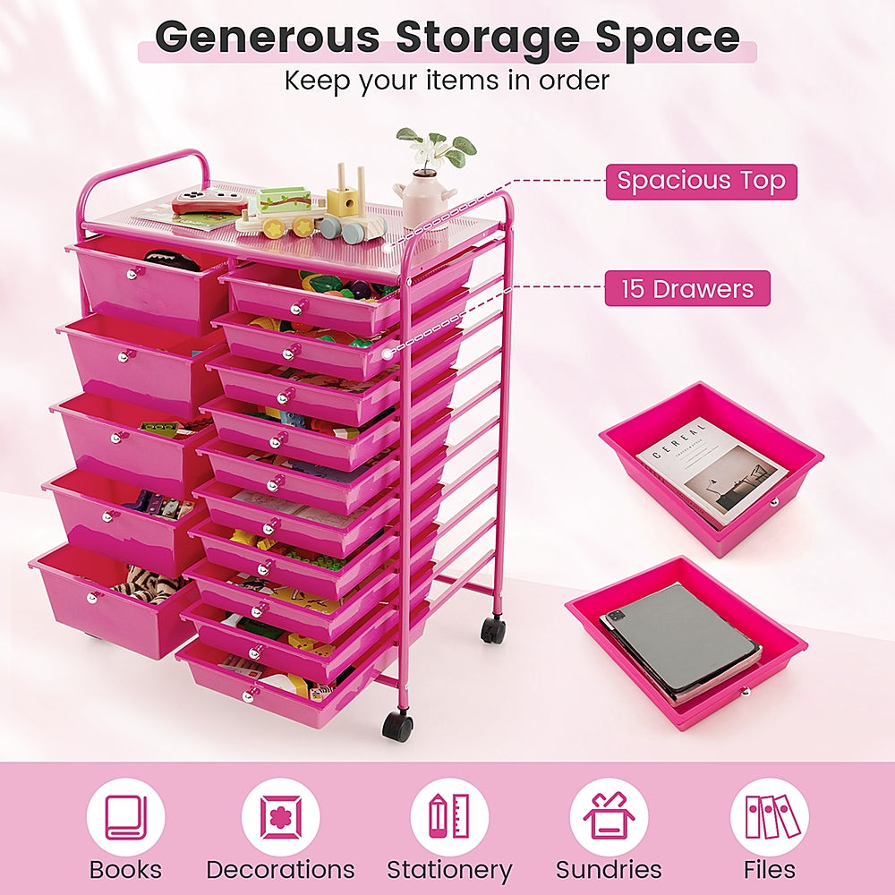 Costway 15-Drawer Rolling Storage Cart Mobile Cart with Colorful Drawers & Metal Frame - Hot Pink_5