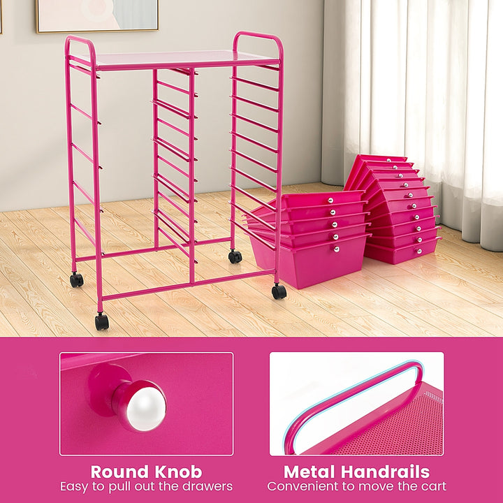 Costway 15-Drawer Rolling Storage Cart Mobile Cart with Colorful Drawers & Metal Frame - Hot Pink_6