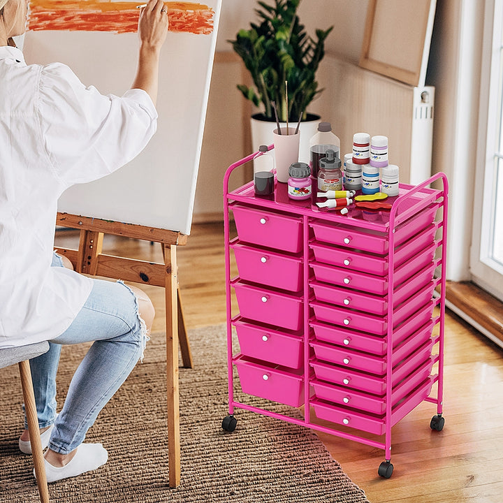 Costway 15-Drawer Rolling Storage Cart Mobile Cart with Colorful Drawers & Metal Frame - Hot Pink_7