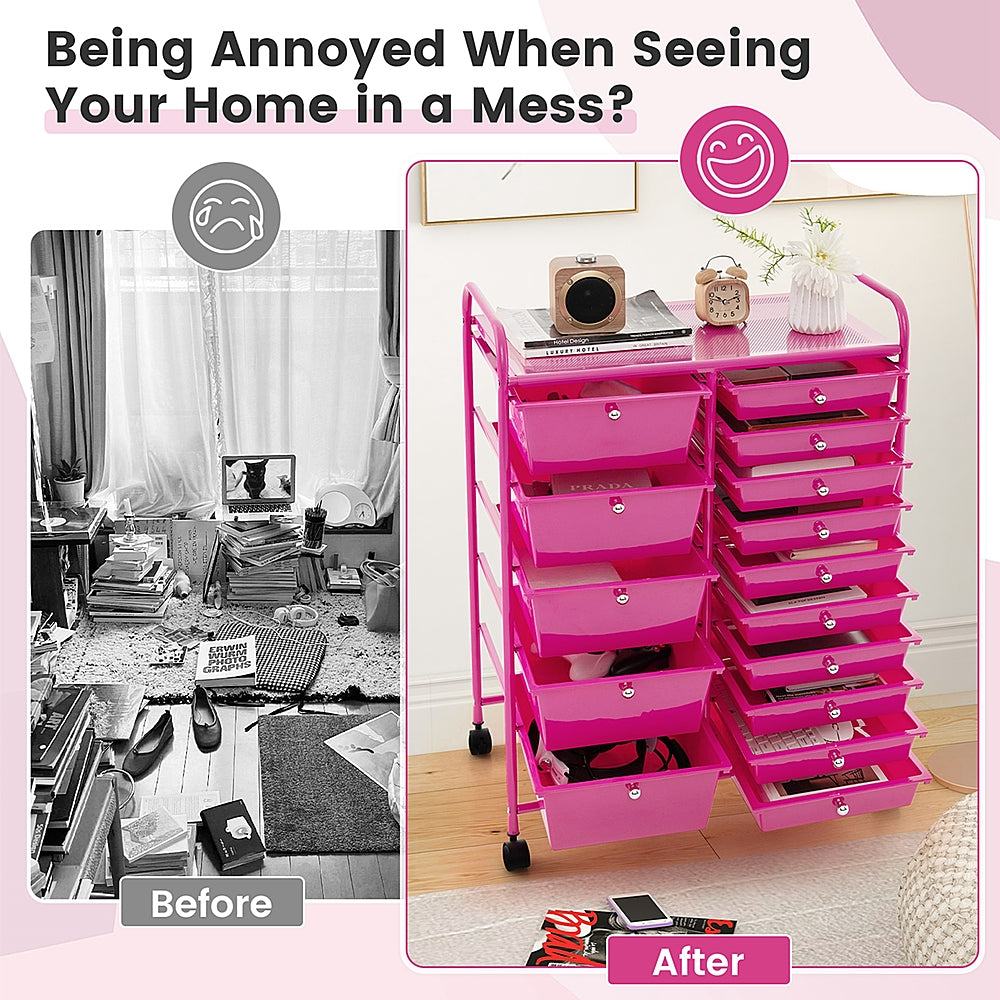 Costway 15-Drawer Rolling Storage Cart Mobile Cart with Colorful Drawers & Metal Frame - Hot Pink_8