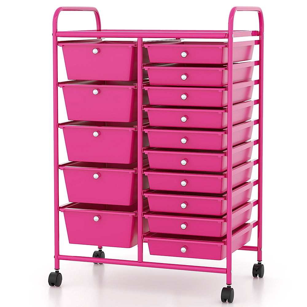 Costway 15-Drawer Rolling Storage Cart Mobile Cart with Colorful Drawers & Metal Frame - Hot Pink_9