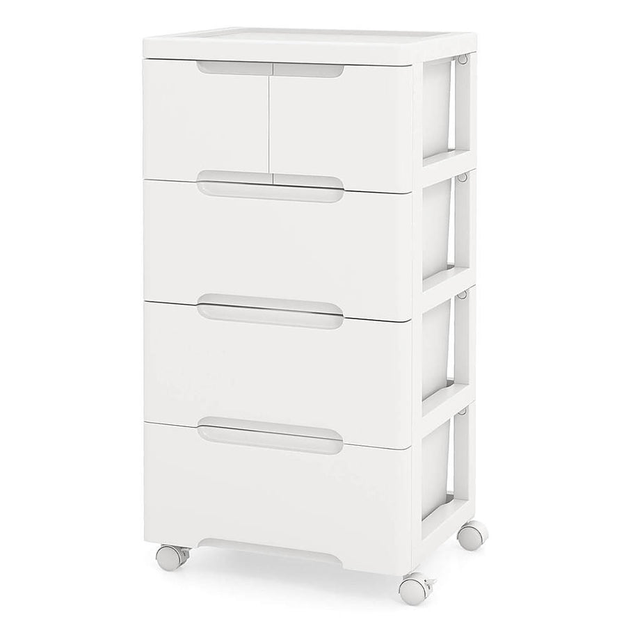 Costway 1 PCS 5-Drawer Plastic Rolling Storage Cart with 4 Universal Wheels Dresser Cabinet - White_0