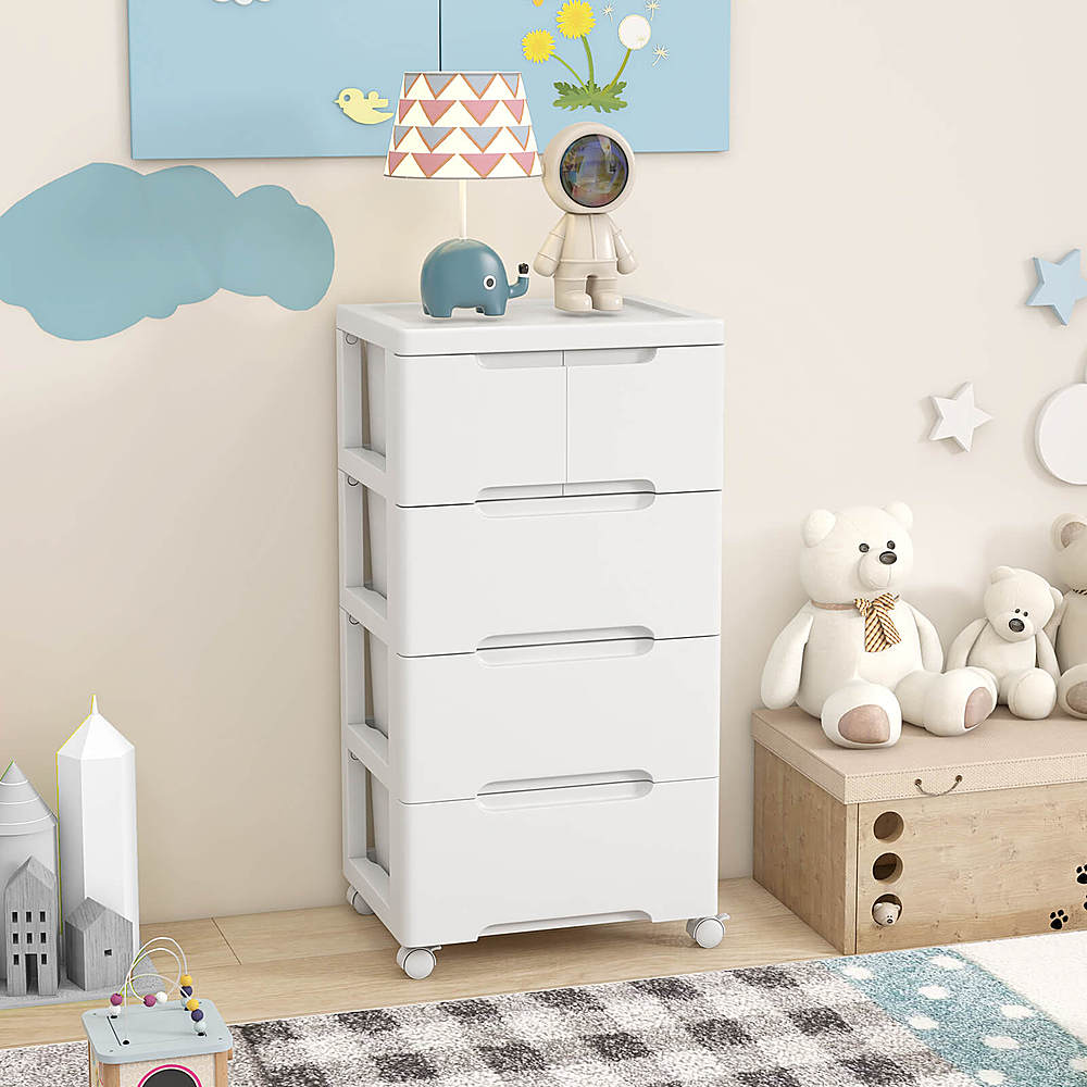 Costway 1 PCS 5-Drawer Plastic Rolling Storage Cart with 4 Universal Wheels Dresser Cabinet - White_1