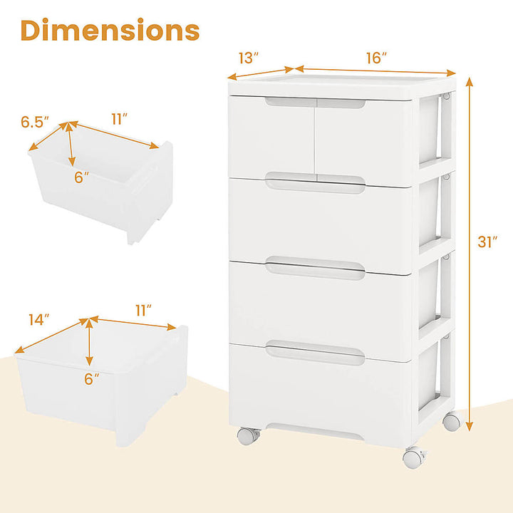 Costway 1 PCS 5-Drawer Plastic Rolling Storage Cart with 4 Universal Wheels Dresser Cabinet - White_2