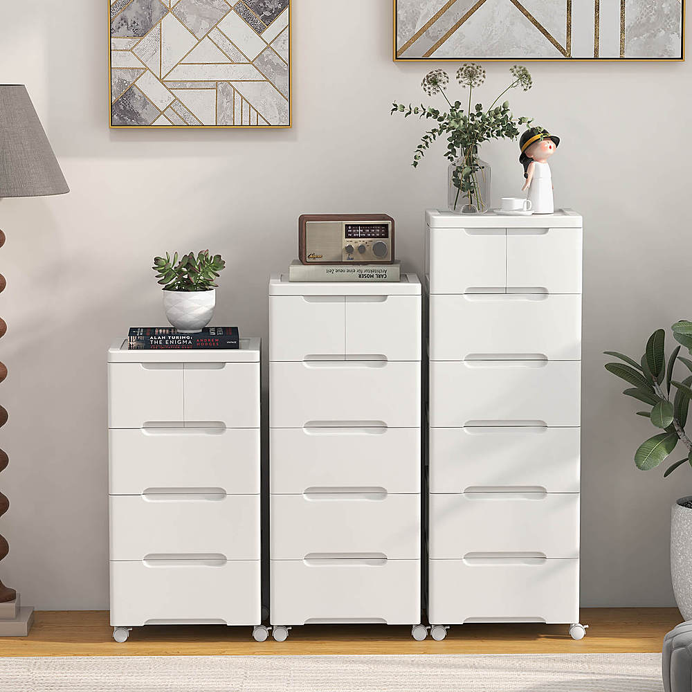 Costway 1 PCS 5-Drawer Plastic Rolling Storage Cart with 4 Universal Wheels Dresser Cabinet - White_3