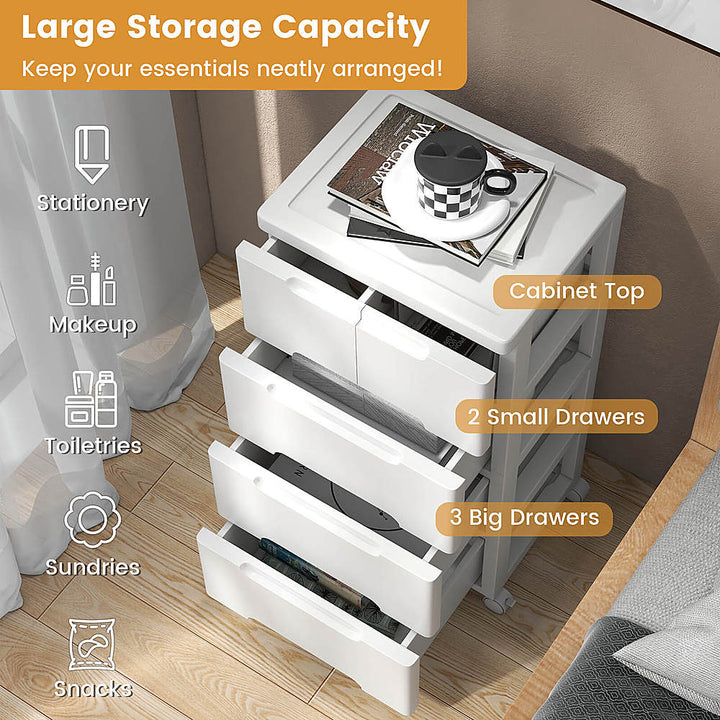 Costway 1 PCS 5-Drawer Plastic Rolling Storage Cart with 4 Universal Wheels Dresser Cabinet - White_5