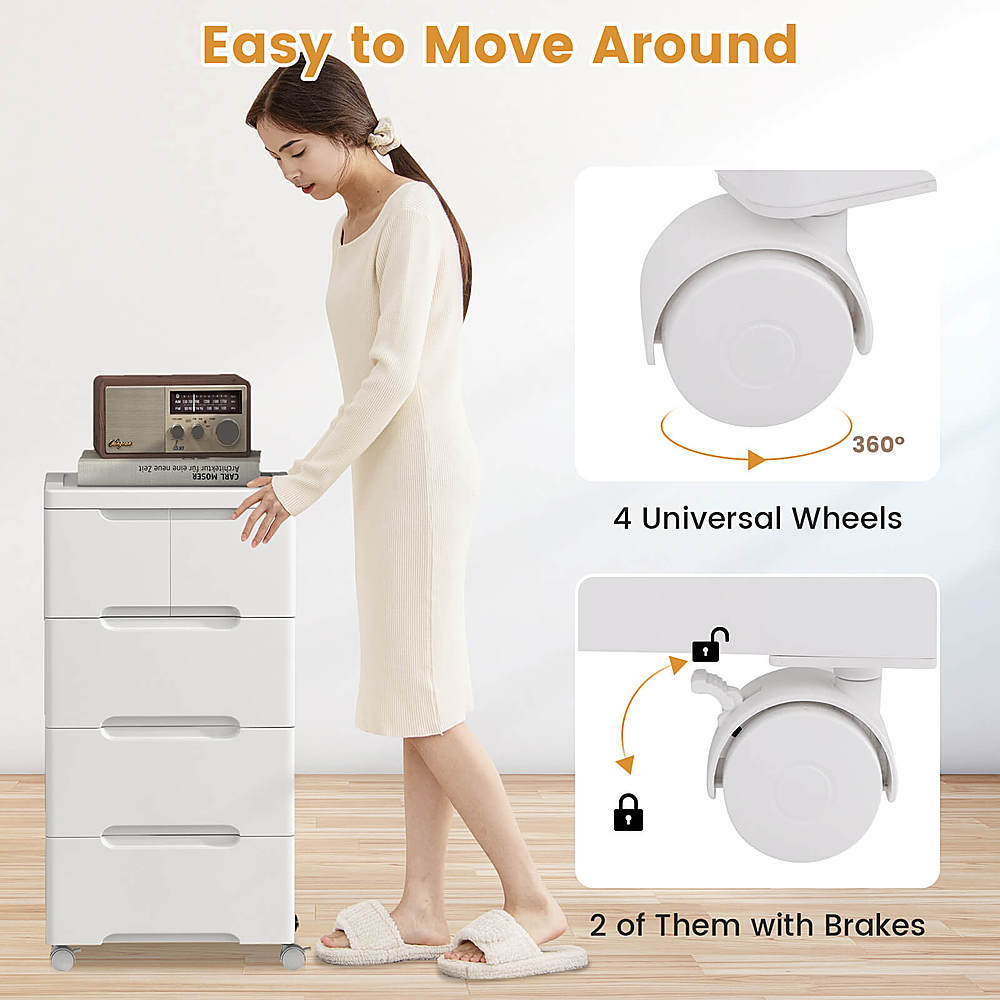 Costway 1 PCS 5-Drawer Plastic Rolling Storage Cart with 4 Universal Wheels Dresser Cabinet - White_6