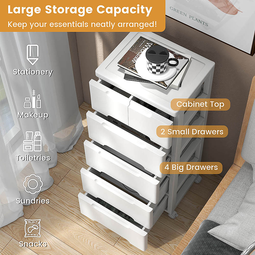 Costway 1 PCS 6-Drawer Plastic Rolling Storage Cart with 4 Universal Wheels Dresser Cabinet - White_4