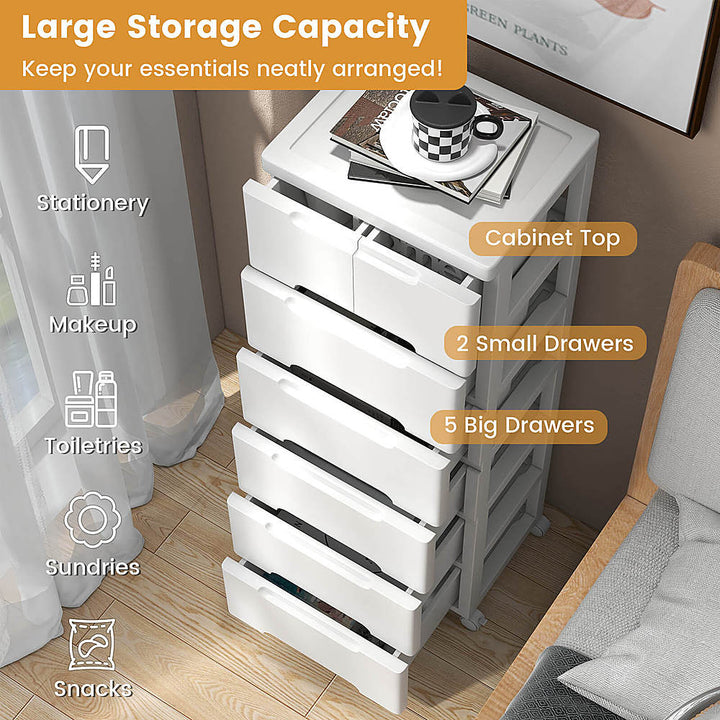 Costway 1 PCS 7-Drawer Plastic Rolling Storage Cart with 4 Universal Wheels Dresser Cabinet - White_5