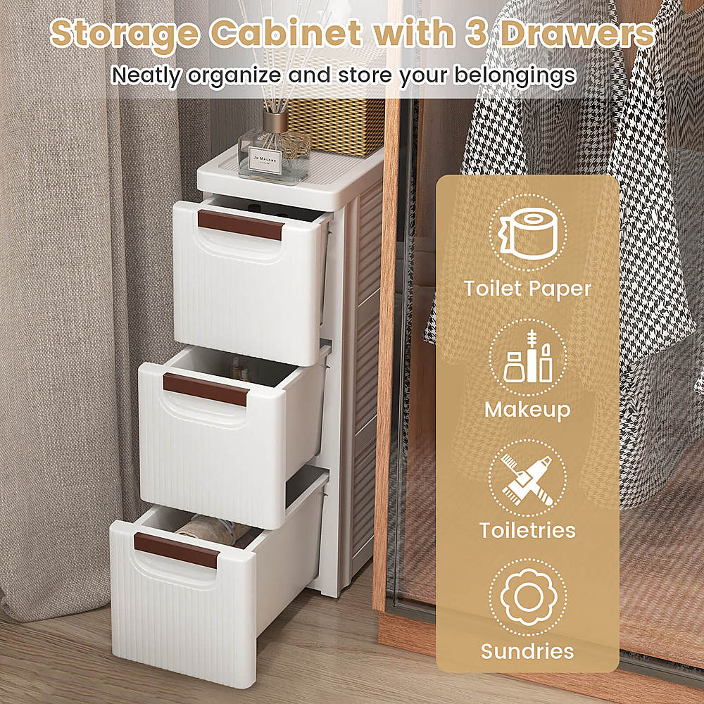 Costway 1 PCS 3-Drawer Narrow Rolling Storage Cabinet with Pull Handles Built-in Wheels - White_5