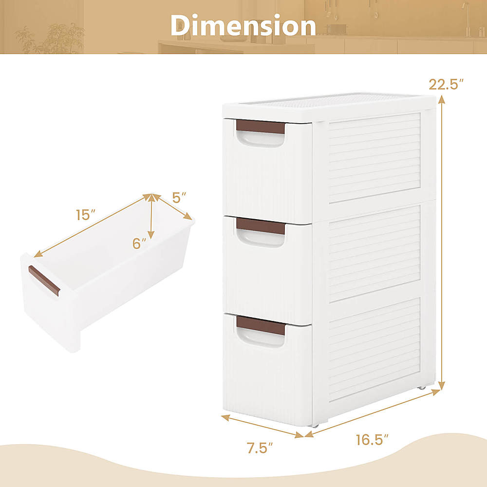 Costway 2 PCS 3-Drawer Narrow Rolling Storage Cabinet with Pull Handles Built-in Wheels - White_2