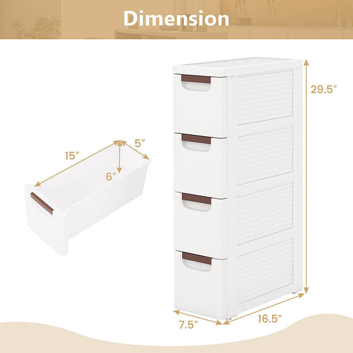 Costway 1 PCS 4-Drawer Narrow Rolling Storage Cabinet with Pull Handles Built-in Wheels - White_2