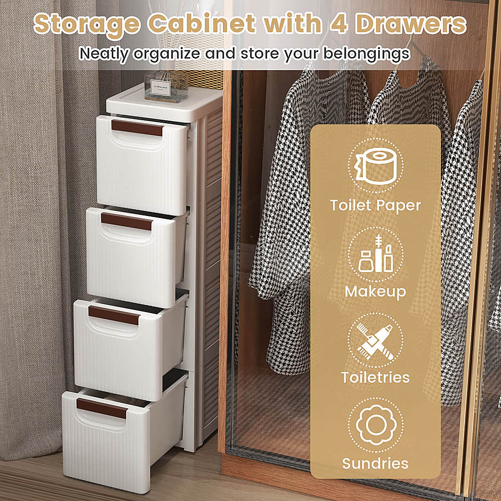 Costway 1 PCS 4-Drawer Narrow Rolling Storage Cabinet with Pull Handles Built-in Wheels - White_4