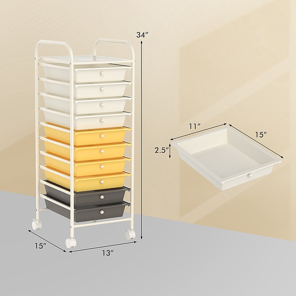 Costway 10 Drawer Rolling Storage Cart Scrapbook Paper Office School Organizer - White/Gray/Beige/Yellow_3