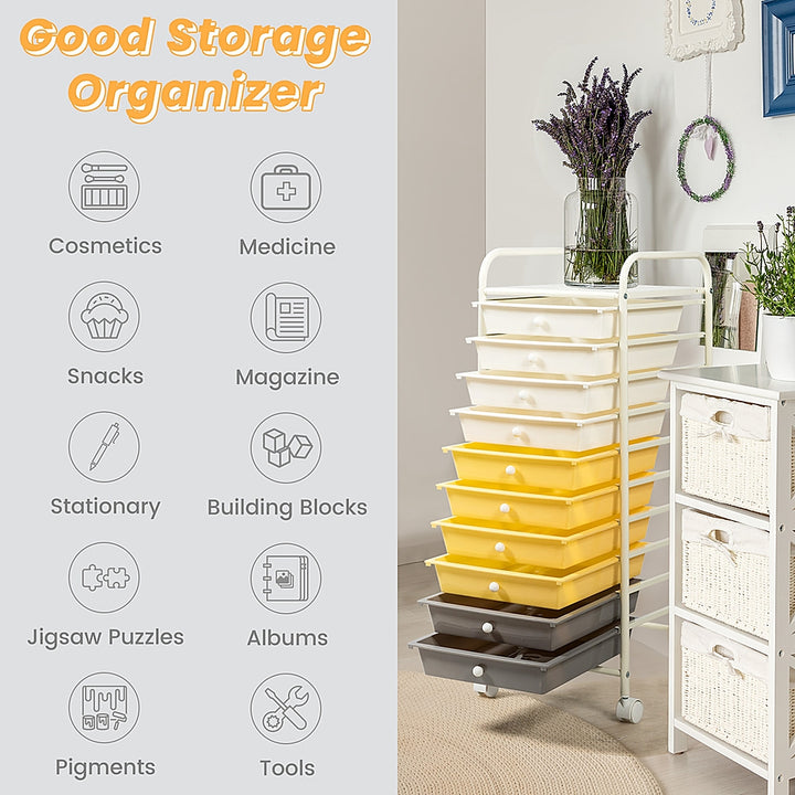 Costway 10 Drawer Rolling Storage Cart Scrapbook Paper Office School Organizer - White/Gray/Beige/Yellow_6