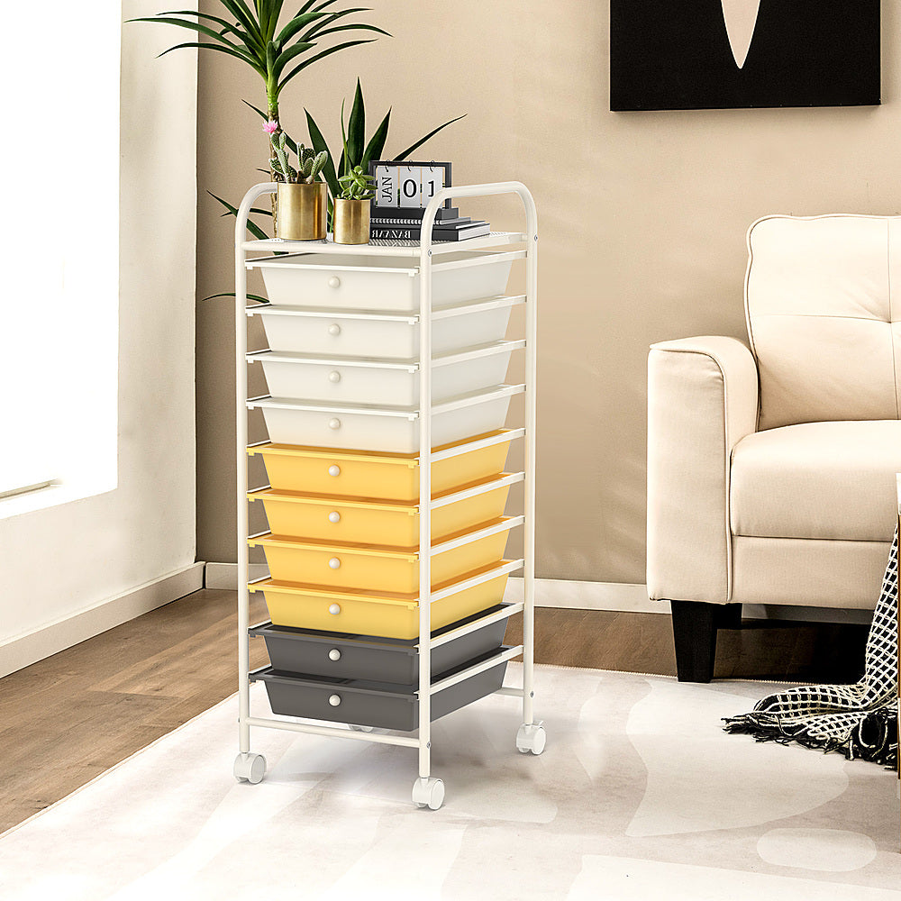 Costway 10 Drawer Rolling Storage Cart Scrapbook Paper Office School Organizer - White/Gray/Beige/Yellow_1