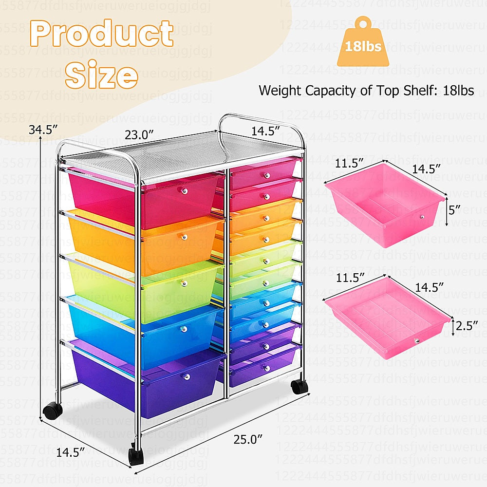 Costway 15 Drawer Rolling Storage Cart Tools Scrapbook Paper Office School Organizer - colorful_3