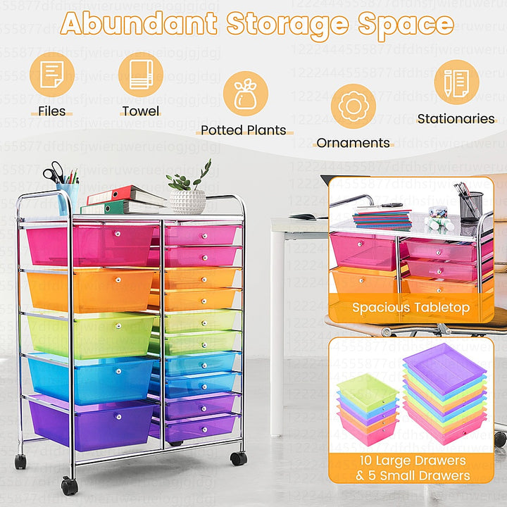 Costway 15 Drawer Rolling Storage Cart Tools Scrapbook Paper Office School Organizer - colorful_5