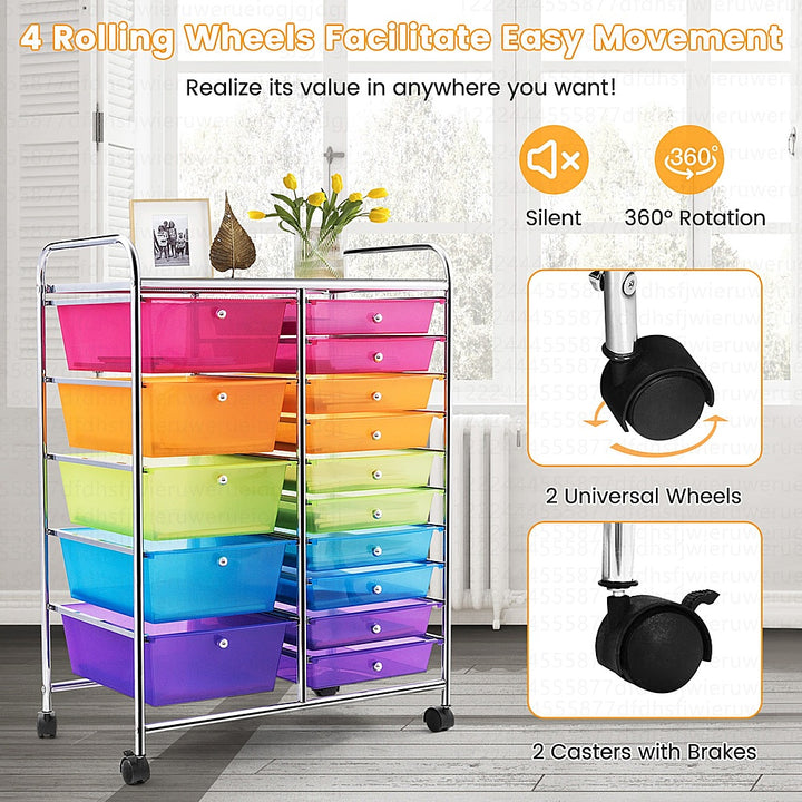 Costway 15 Drawer Rolling Storage Cart Tools Scrapbook Paper Office School Organizer - colorful_7