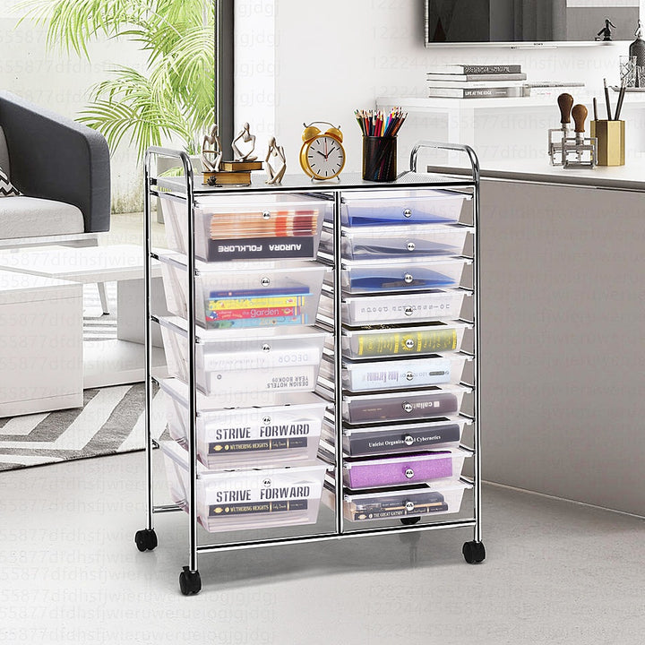 Costway 15 Drawer Rolling Storage Cart Tools Scrapbook Cosmetics Paper Organizer - Clear_1