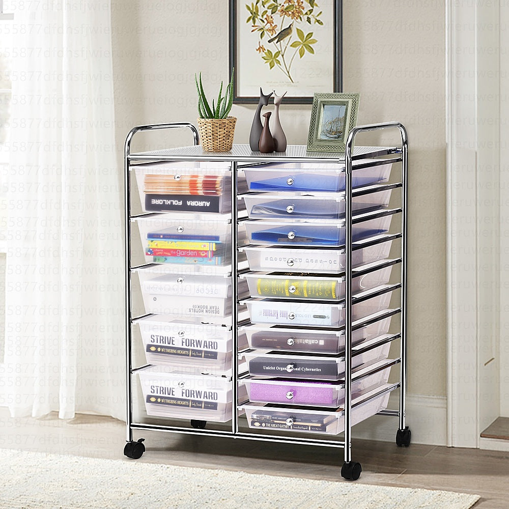 Costway 15 Drawer Rolling Storage Cart Tools Scrapbook Cosmetics Paper Organizer - Clear_2