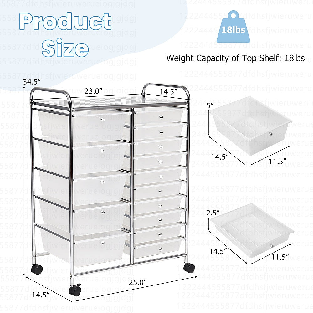 Costway 15 Drawer Rolling Storage Cart Tools Scrapbook Cosmetics Paper Organizer - Clear_3