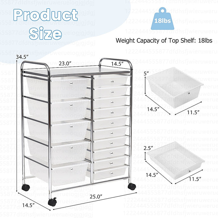 Costway 15 Drawer Rolling Storage Cart Tools Scrapbook Cosmetics Paper Organizer - Clear_3