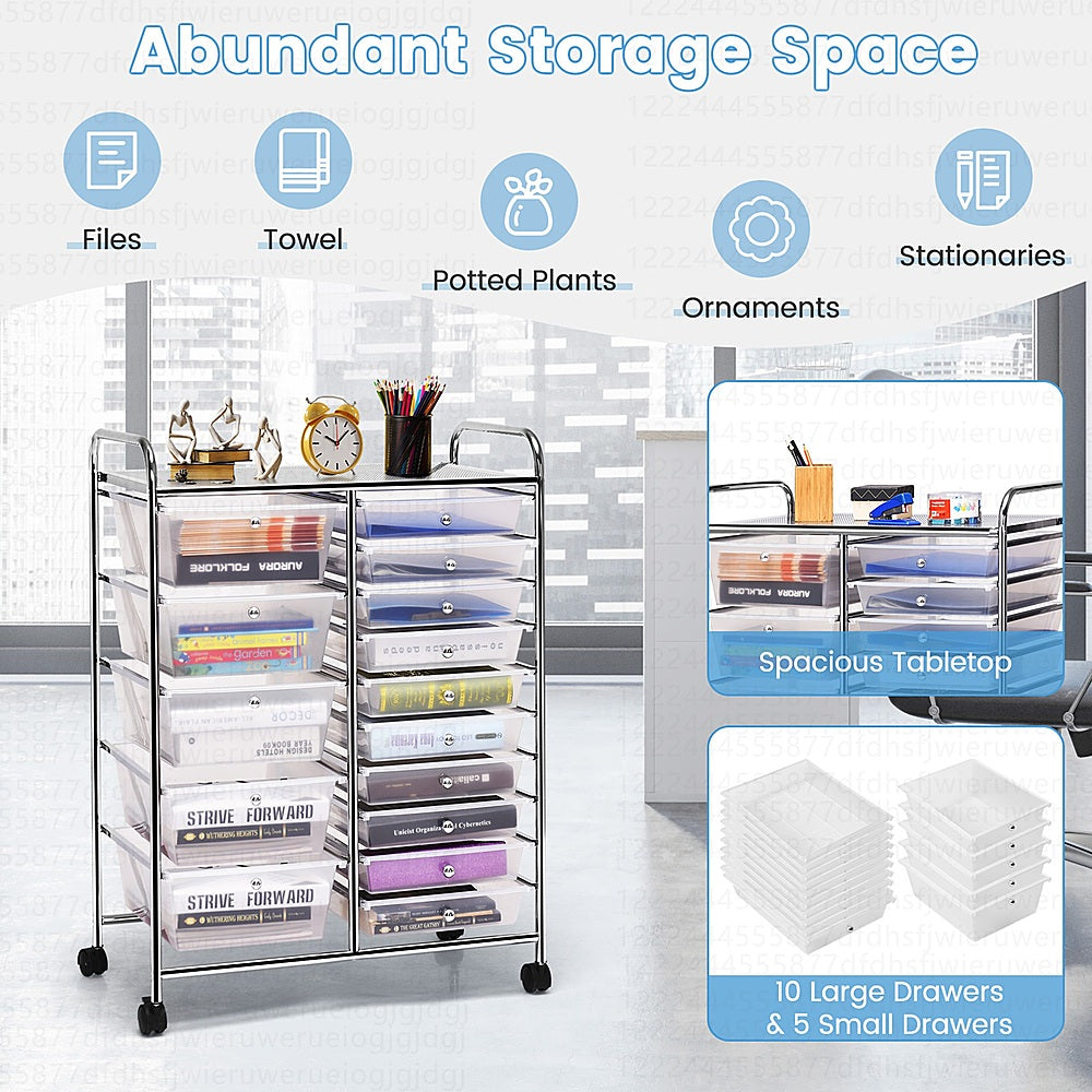 Costway 15 Drawer Rolling Storage Cart Tools Scrapbook Cosmetics Paper Organizer - Clear_4