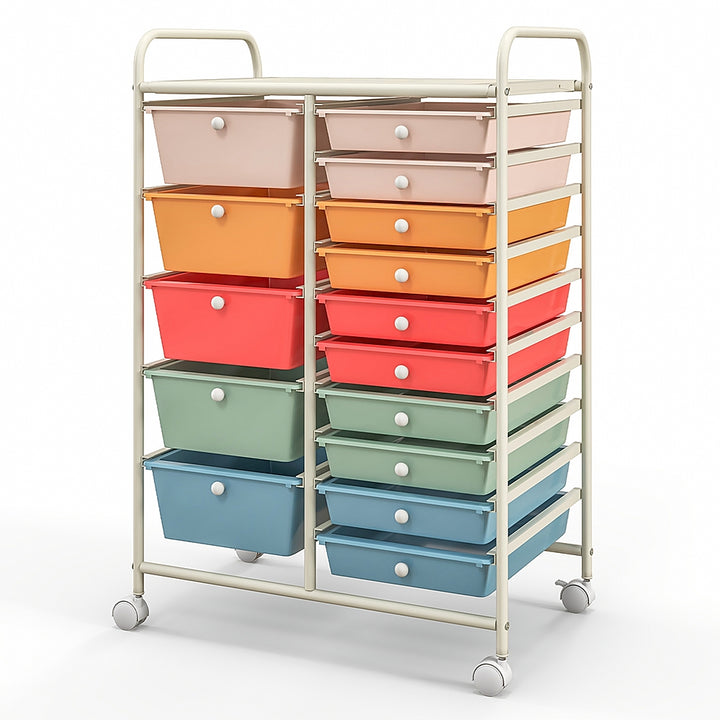 Costway 15 Drawer Rolling Storage Cart Tools Scrapbook Paper Office School Organizered - Multicolor_9