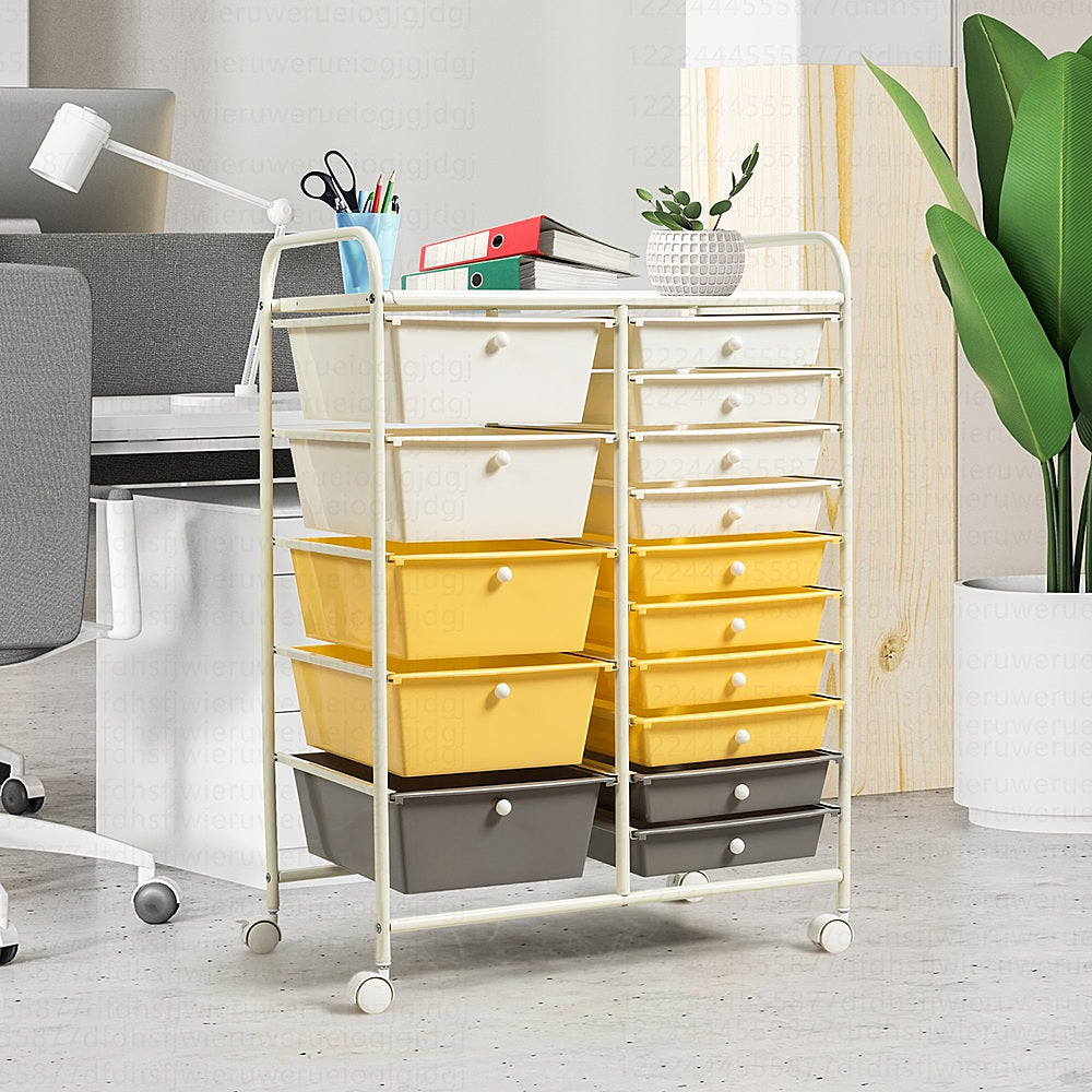 Costway 15 Drawer Rolling Storage Cart Tools Scrapbook Paper Office School Organizer - Grey/Beige/Yellow_1