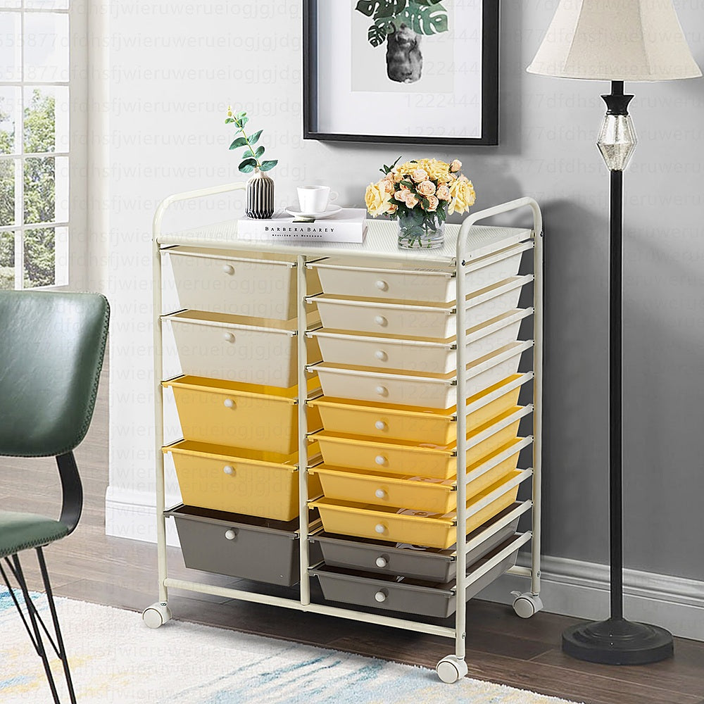 Costway 15 Drawer Rolling Storage Cart Tools Scrapbook Paper Office School Organizer - Grey/Beige/Yellow_2