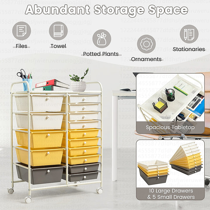 Costway 15 Drawer Rolling Storage Cart Tools Scrapbook Paper Office School Organizer - Grey/Beige/Yellow_4