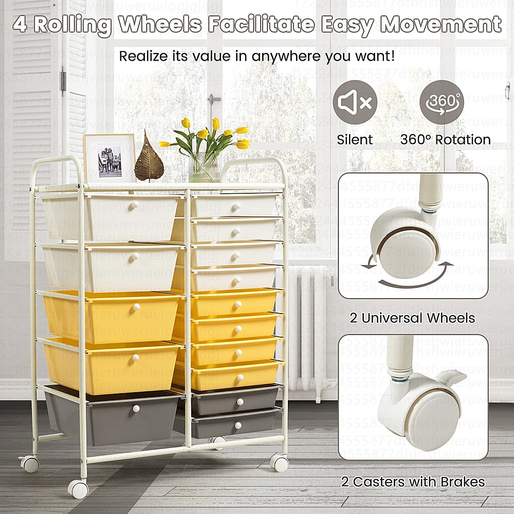 Costway 15 Drawer Rolling Storage Cart Tools Scrapbook Paper Office School Organizer - Grey/Beige/Yellow_5