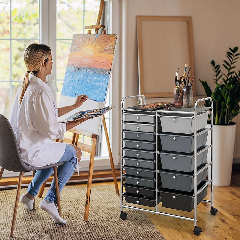 Costway 15 Drawer Rolling Storage Cart Tools Scrapbook Paper Office School Organizer - Silver/Mixed Black_4