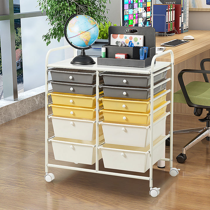 Costway 12 Drawer Rolling Storage Cart Tools Scrapbook Paper Studio School Organizer - Grey/Beige/Yellow_1