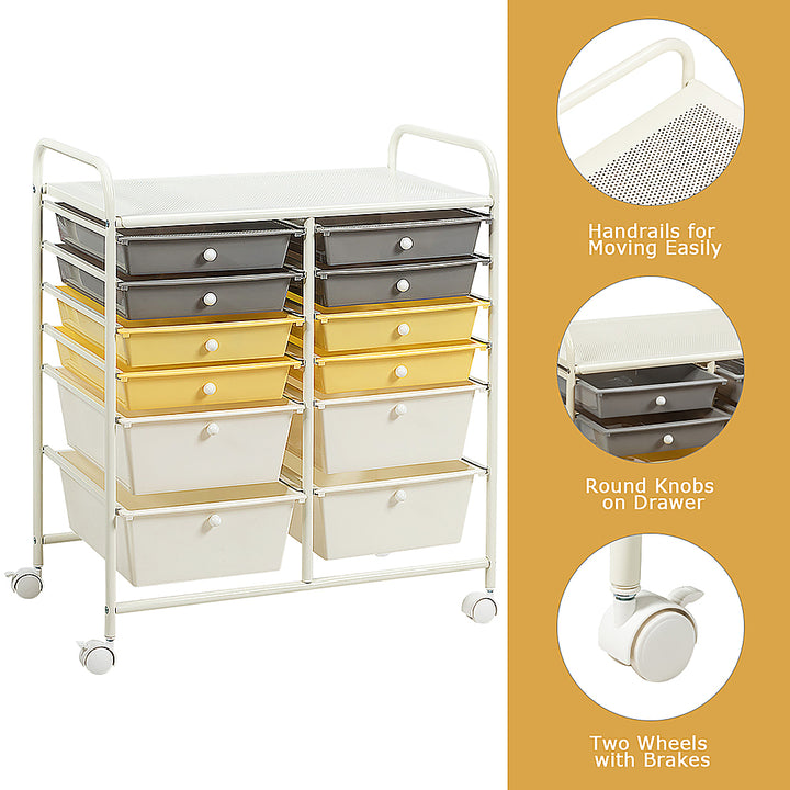 Costway 12 Drawer Rolling Storage Cart Tools Scrapbook Paper Studio School Organizer - Grey/Beige/Yellow_8