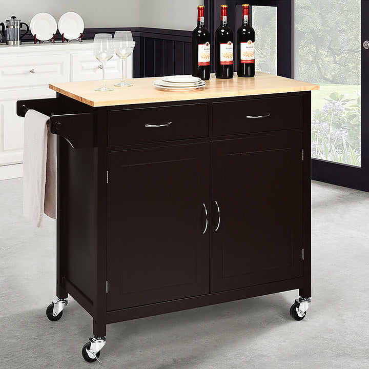 Costway Modern Rolling Kitchen Island Cart Wood Top Storage Trolley with Storage Drawers - Brown_0