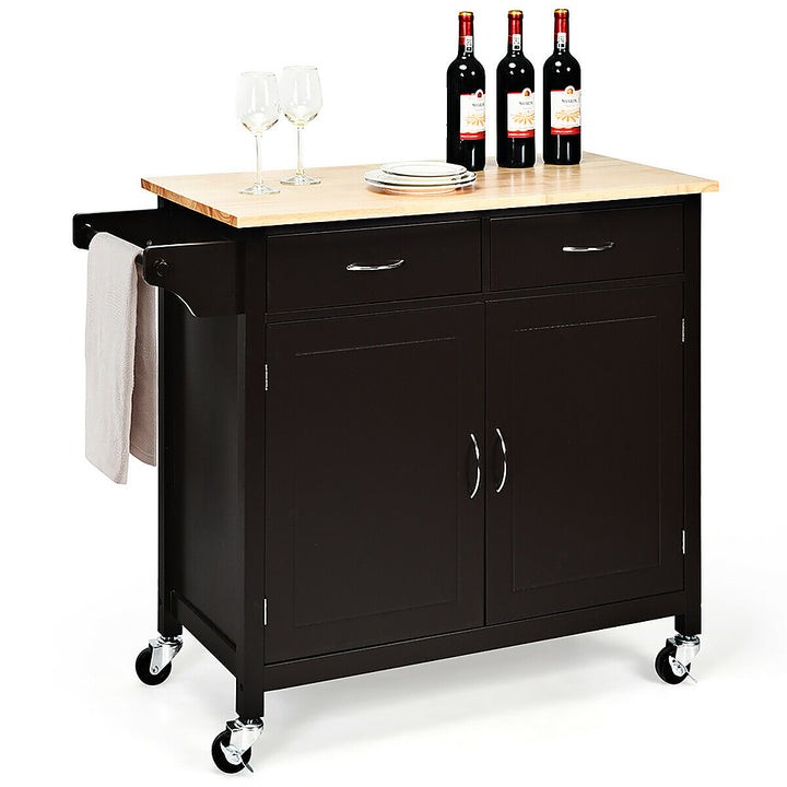 Costway Modern Rolling Kitchen Island Cart Wood Top Storage Trolley with Storage Drawers - Brown_2