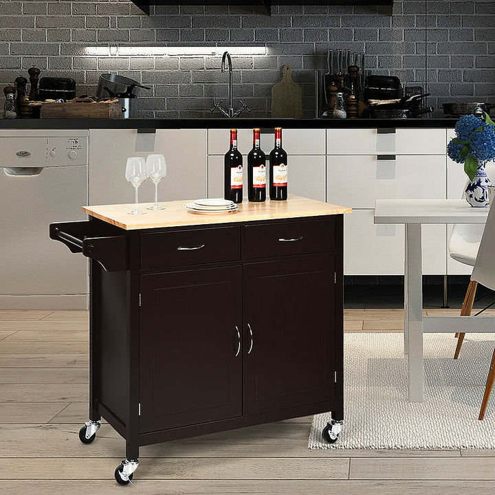 Costway Modern Rolling Kitchen Island Cart Wood Top Storage Trolley with Storage Drawers - Brown_4