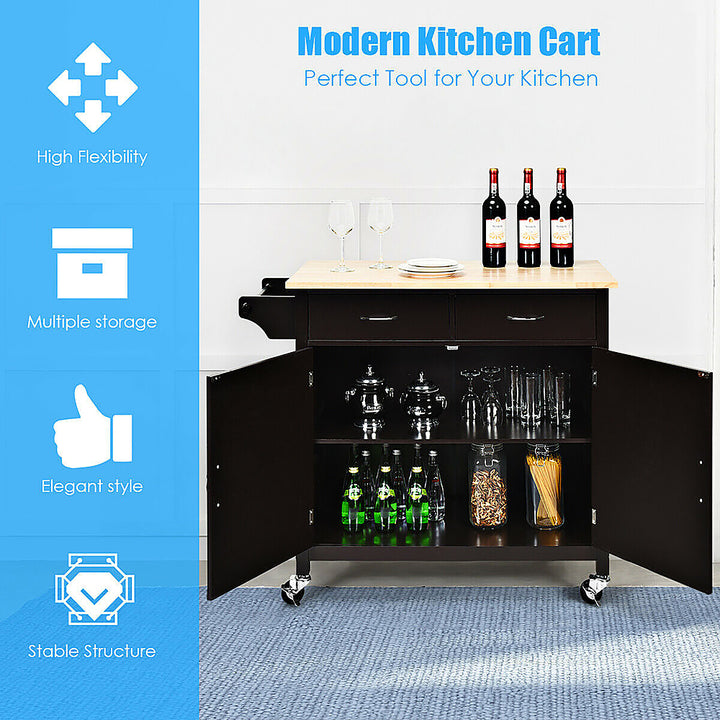 Costway Modern Rolling Kitchen Island Cart Wood Top Storage Trolley with Storage Drawers - Brown_5