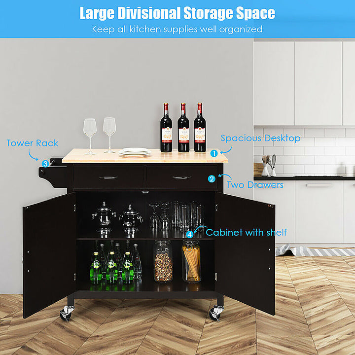 Costway Modern Rolling Kitchen Island Cart Wood Top Storage Trolley with Storage Drawers - Brown_7