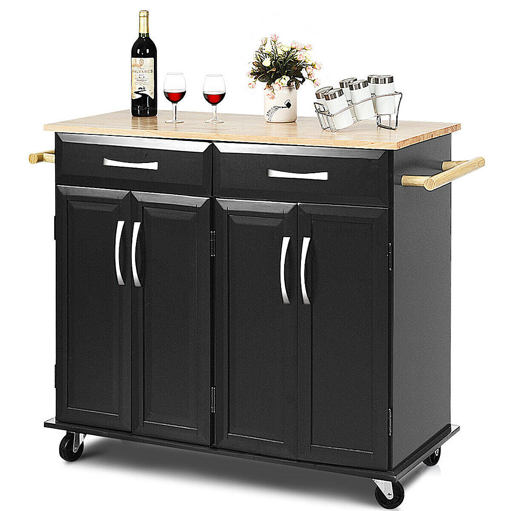 Costway Rolling Kitchen Trolley Island Cart Wood Top Storage Cabinet Utility W/ Drawers - Black_0