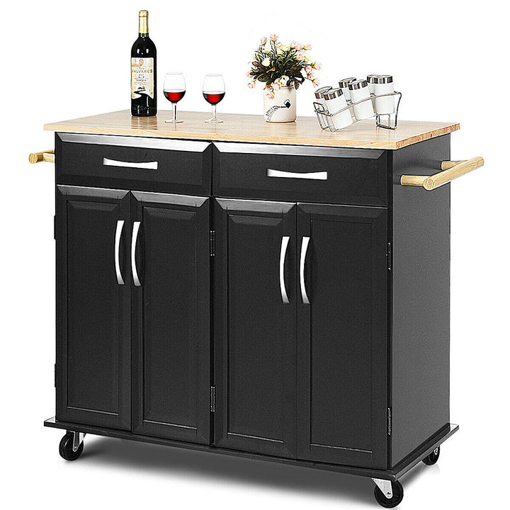 Costway Rolling Kitchen Trolley Island Cart Wood Top Storage Cabinet Utility W/ Drawers - Black_0