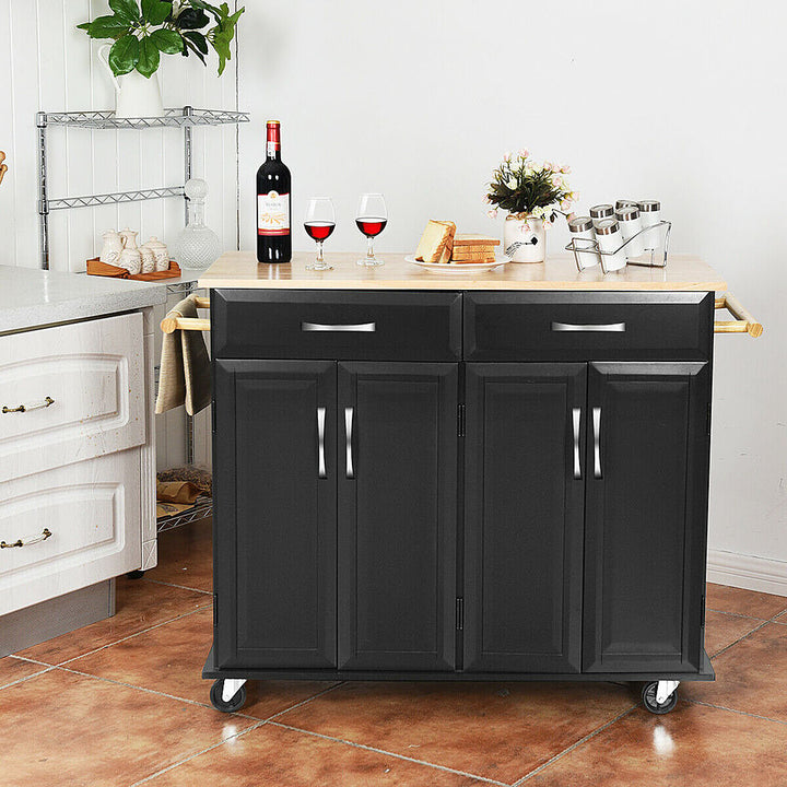 Costway Rolling Kitchen Trolley Island Cart Wood Top Storage Cabinet Utility W/ Drawers - Black_1